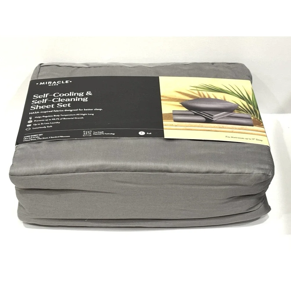 Miracle Made Full Luxe Sheet Set Gray Sateen Self-Cooling Self-Cleaning 4PC